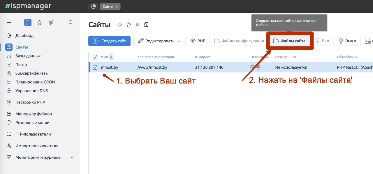 ISP manager add site files 1
